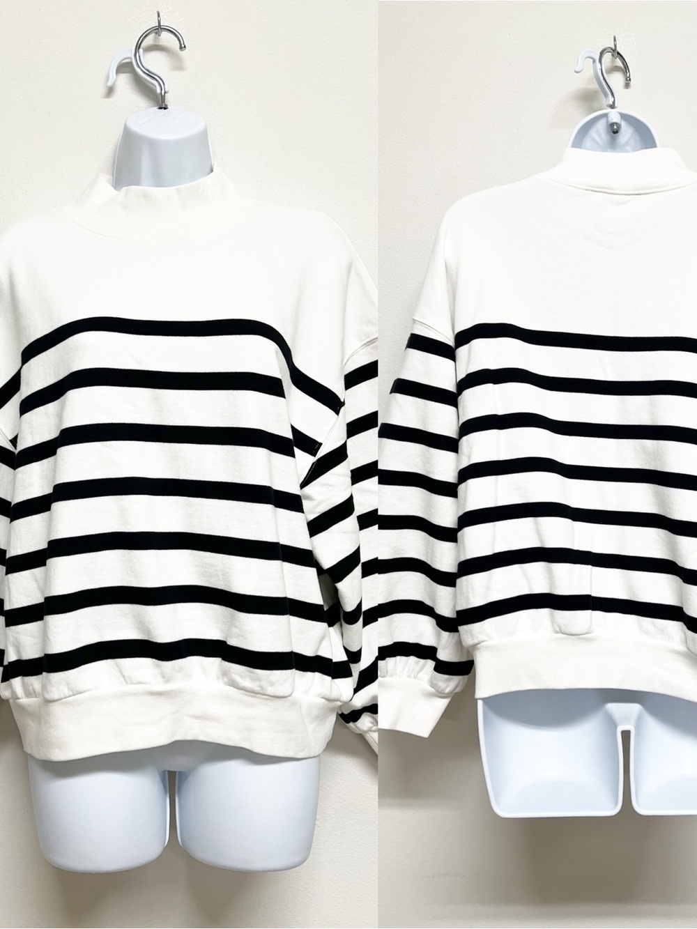 Frame Denim Womens Striped Black and White Balloon Sleeve Mock Neck Sweatshirt - Picture 4 of 11